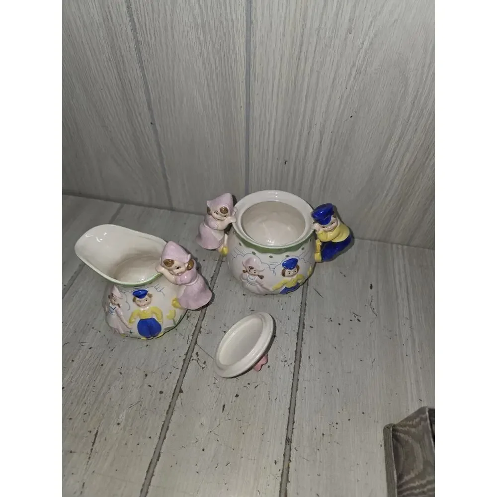 Vtg Green Trim Dutch Holland Windmill Boy & Girl Creamer and Sugar Set Kitschy